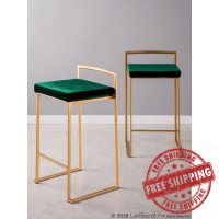 Lumisource B26-FUJI AUVGN2 Fuji Contemporary-Glam Stackable Counter Stool in Gold with Green Velvet Cushion - Set of 2